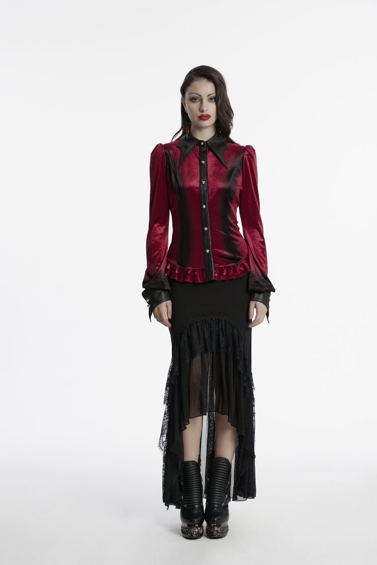 Red Lapel Collar Long Sleeves Lace-Up Slim Women's Gothic Gradient Velvet Blouse