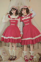 Red [Showa Memoir] Polka Dots Printed Ruffled Bow Sweet Lolita Dress