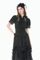 Black Stand Collar Short Puff Sleeves Sheer Lace Lace-Up Women's Gothic Blouse with Detachable Bowknot