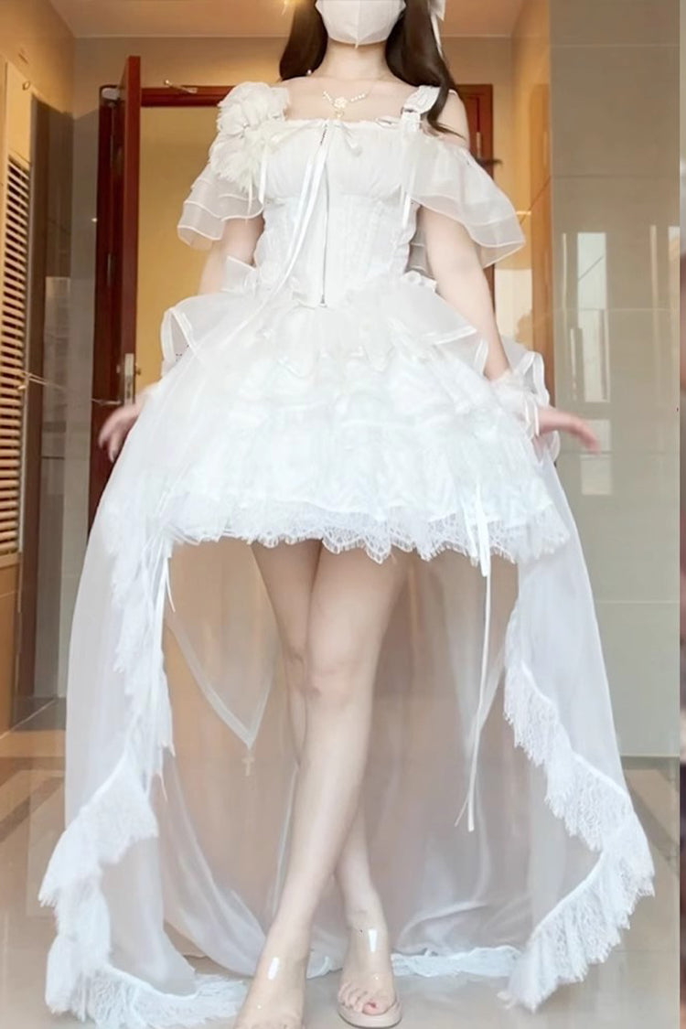 White [Rose Memoirs] Sleeveless Multi-Layered Bowknot Lace Sweet Lolita Skirt Set