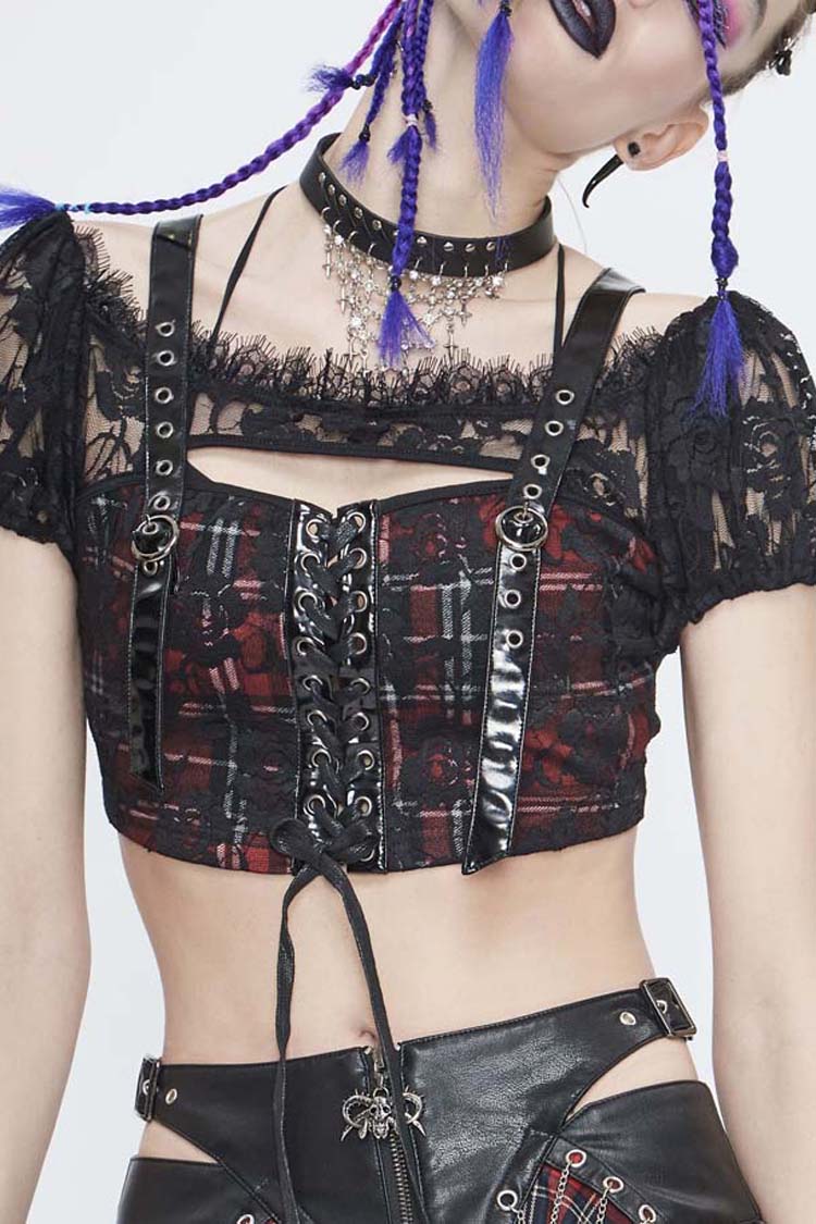 Black/Red Scottish Plaid Off Shoulder Bright Leather Straps Lace Up Lace Women's Punk T-Shirt