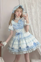 White/Blue [Layered Sea Salt Ice] Short Sleeves Ruffle Bowknot Lace Sweet Lolita Dress