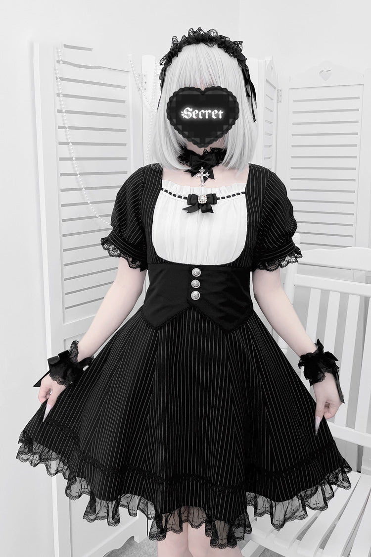 Black/White Short Sleeves Stripe Print Ruffle Bowknot Cross Waist Maid Sweet Japanese Lolita Dress Set