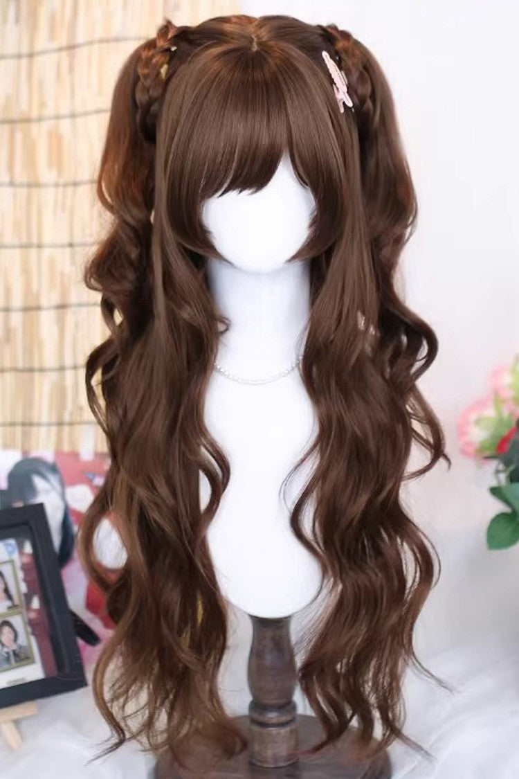 Warm Brown Long Wavy Curls with Wispy Bangs Daily Sweet Lolita Wig