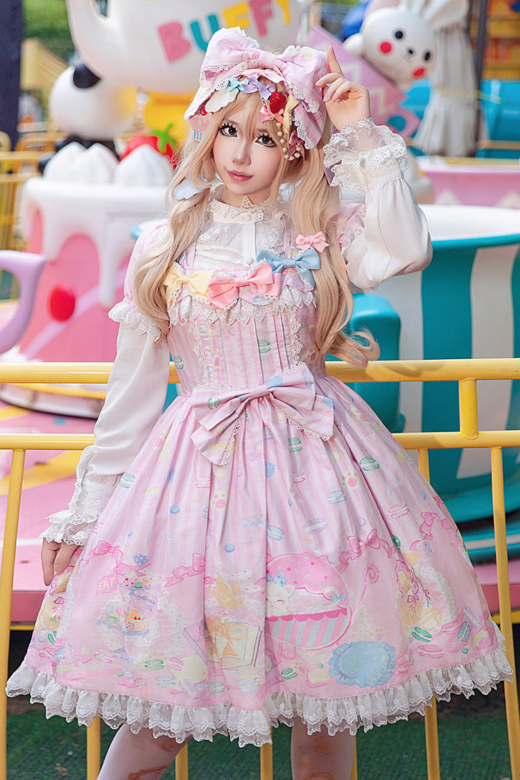 Pink [Macarons Dolly House] Square Collar Short Lantern Sleeves Printed Bow Sweet Lolita Dress
