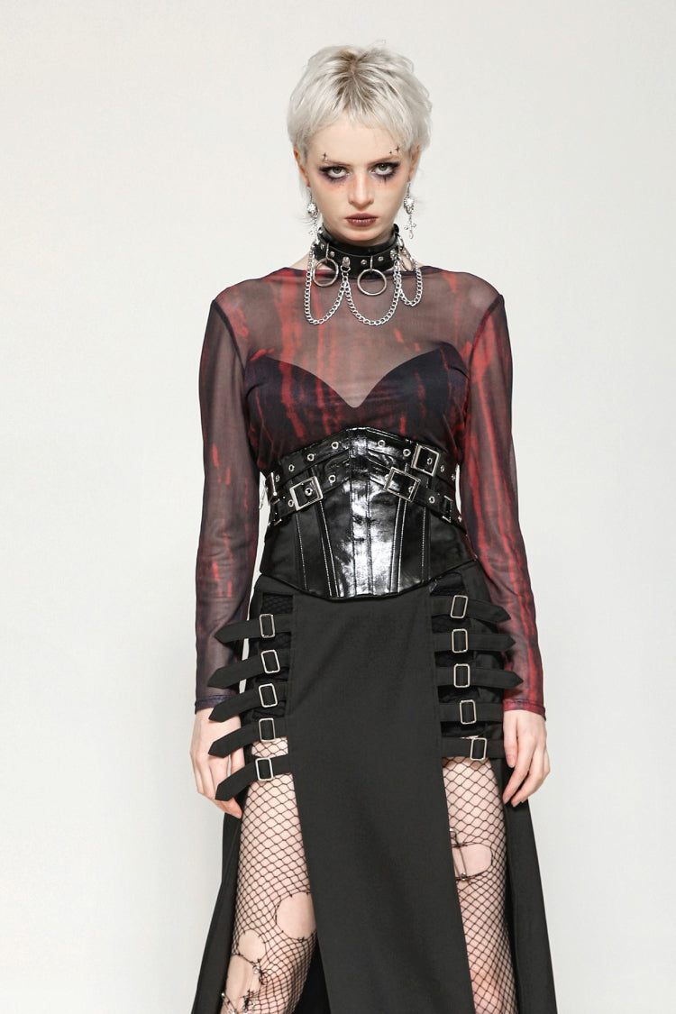 Black/Red Round Collar Long Sleeves Sheer Mesh Tie-dyed Women's Gothic Versatile Basic Top