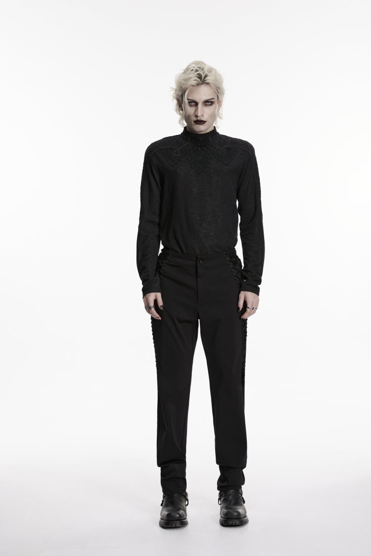 Black Spliced Lace-Up Slim Men's Gothic Cool Pants