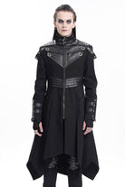 Black Stand Collar Eyelets Buckle-up Ring Long Sleeves Stitching Men's Gothic Coat