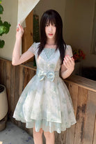Green Short Sleeves Floral Printed Bow Lace Sweet Princess Lolita Dress