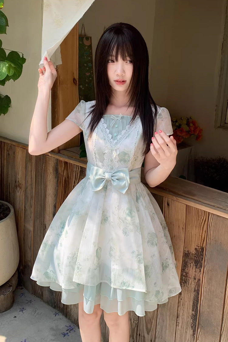 Green Short Sleeves Floral Printed Bow Lace Sweet Princess Lolita Dress