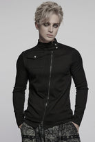 Black Stand Collar Long Sleeves Asymmetric Zipper Men's Punk Blouse