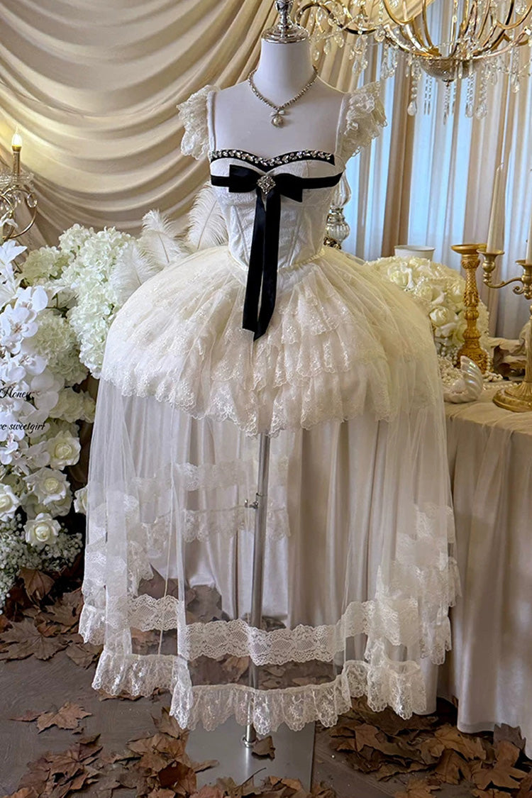 Ivory [Hepburn Heart] Square Collar Sleeveless Multi-Layered Cut-Out Bow Lace Sweet Lolita Jsk Dress