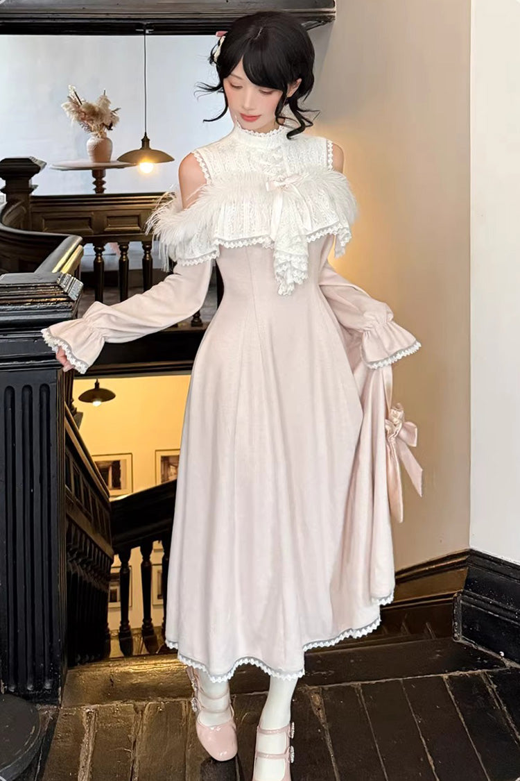 Pink [Little Love Song] Stand Collar Off Shoulder Long Sleeves Lace Sweet Japanese Elegant Lolita Long Dress