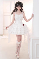 White High Waisted Multi-layer Rose Bowknot Lace-Up Gothic Lolita Jsk Dress