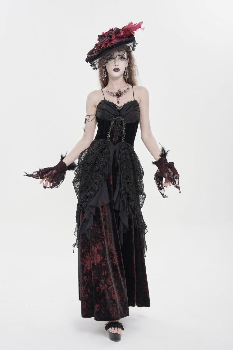 Black/Red Sleeveless Multi-Layered Hanayome Lace Lace-Up Women's Gothic  Wedding Dress Printed Tassels Lace-up Slip Dress