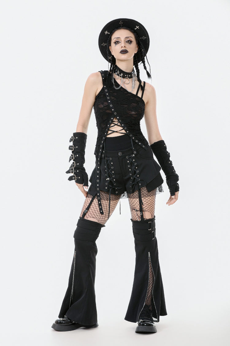 Black Sleeveless Ripped Eyelet Lace-Up Asymmetric Hem Women's Punk Top