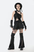 Black Sleeveless Ripped Eyelet Lace-Up Asymmetric Hem Women's Punk Top