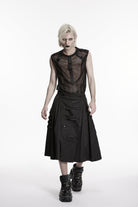Black Studded Zippered  Big Pockets Pleated Men's Punk Skirt