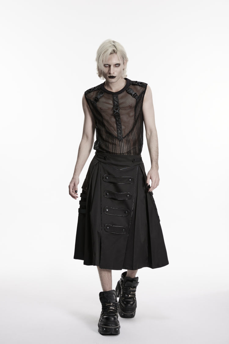 Black Studded Zippered  Big Pockets Pleated Men's Punk Skirt