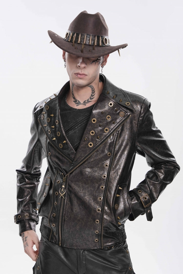 Brown Lapel Collar Long Sleeves Asymmetric Studded Zippered Pleated Eyelet Men's Punk Jacket