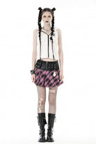 Black/Pink Women's Punk Grunge Zippered Faux Leather Spliced Plaid Pleated Mini Skirt