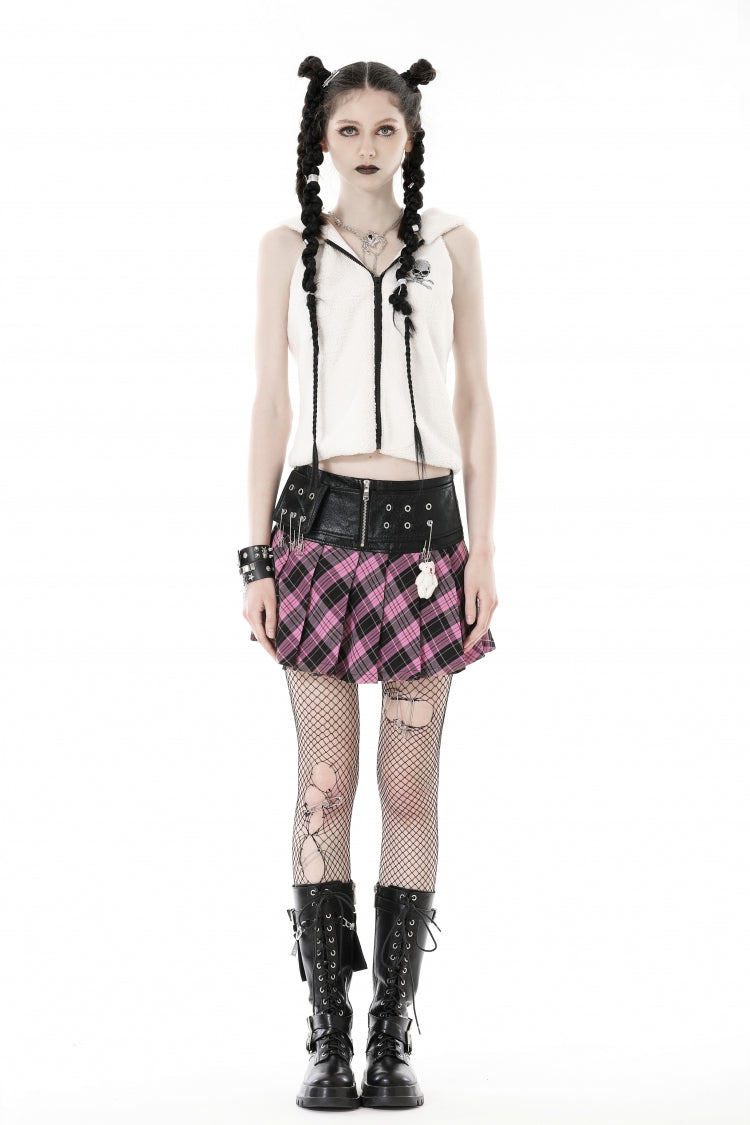 Black/Pink Women's Punk Grunge Zippered Faux Leather Spliced Plaid Pleated Mini Skirt