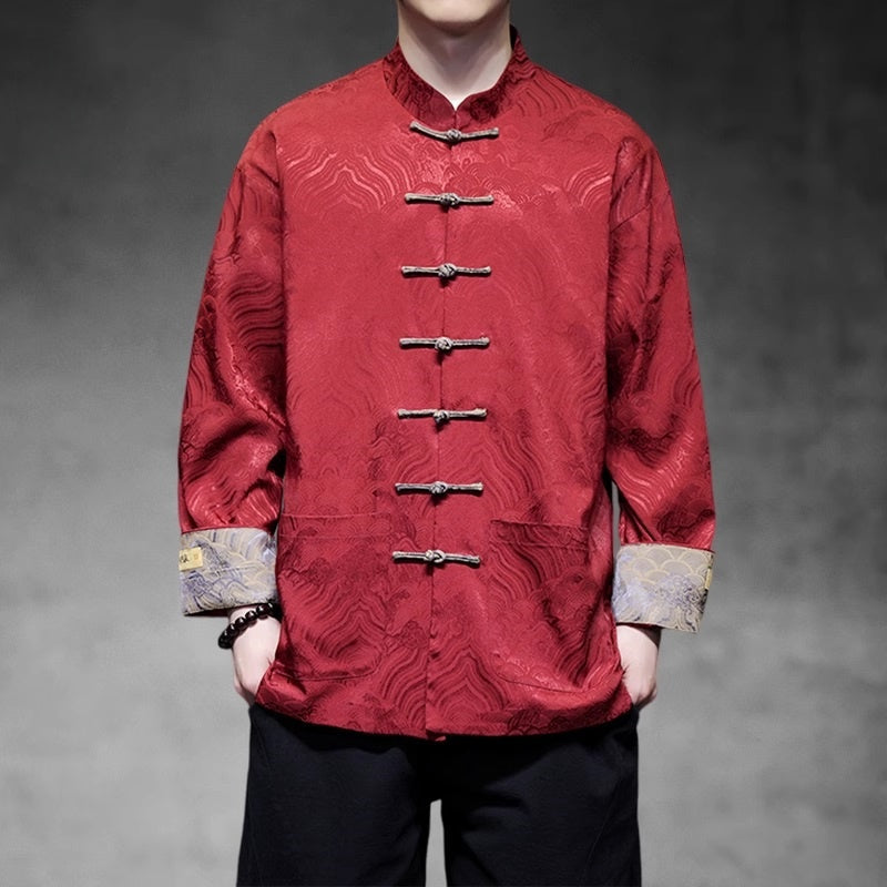 Red Traditional Chinese Brocade Tang Shirt