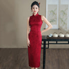 Red Jacquard Sleeveless Qipao Cheongsam Dress| Butterfly