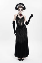 Black Sleeveless Hollow Floral Embroidery Lace-Up Pleated Women's Gothic Maxi Dress
