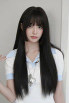 Black Brown Face-Framing Hime Cut Long Straight Wig with Full Bangs