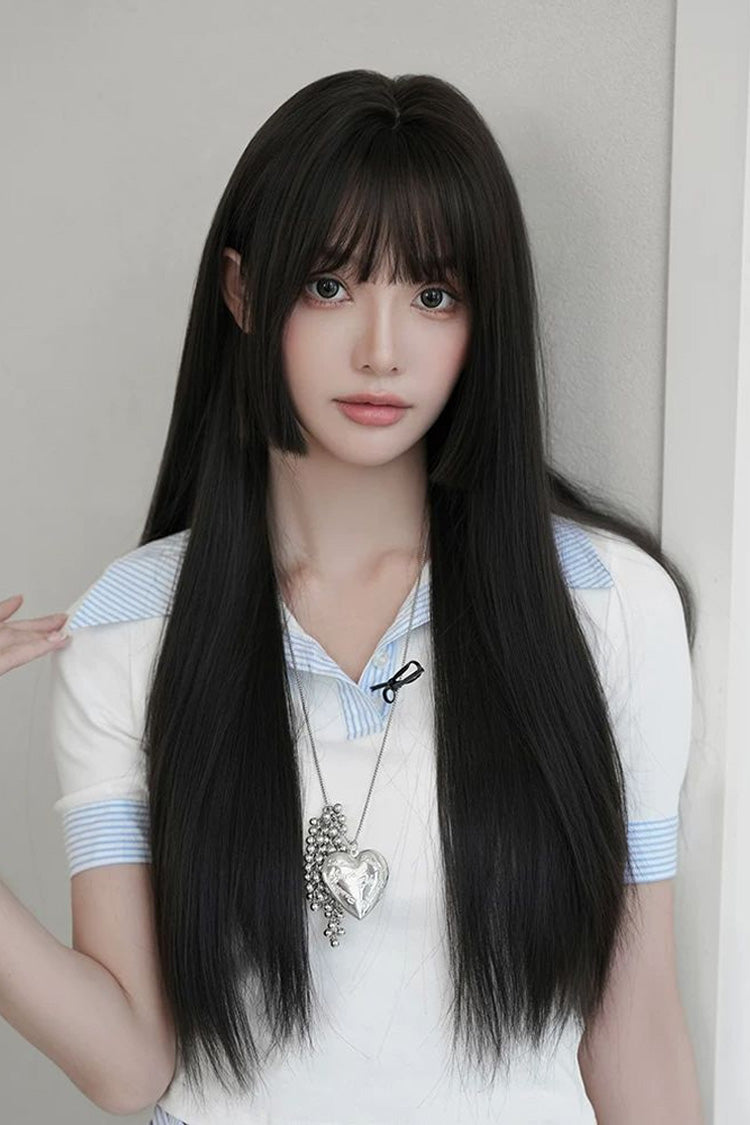 Black Brown Face-Framing Hime Cut Long Straight Wig with Full Bangs