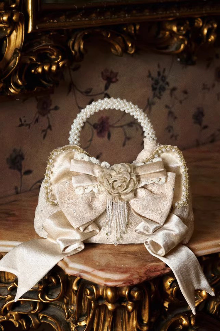 Champagne Satin Gilded 3D Bow Pearl-Decorated Sweet Lolita Handbag
