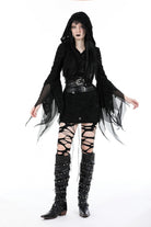 Black Evil Devil Long Flared Sleeves Ripped Women's Gothic Hooded Slim Dress