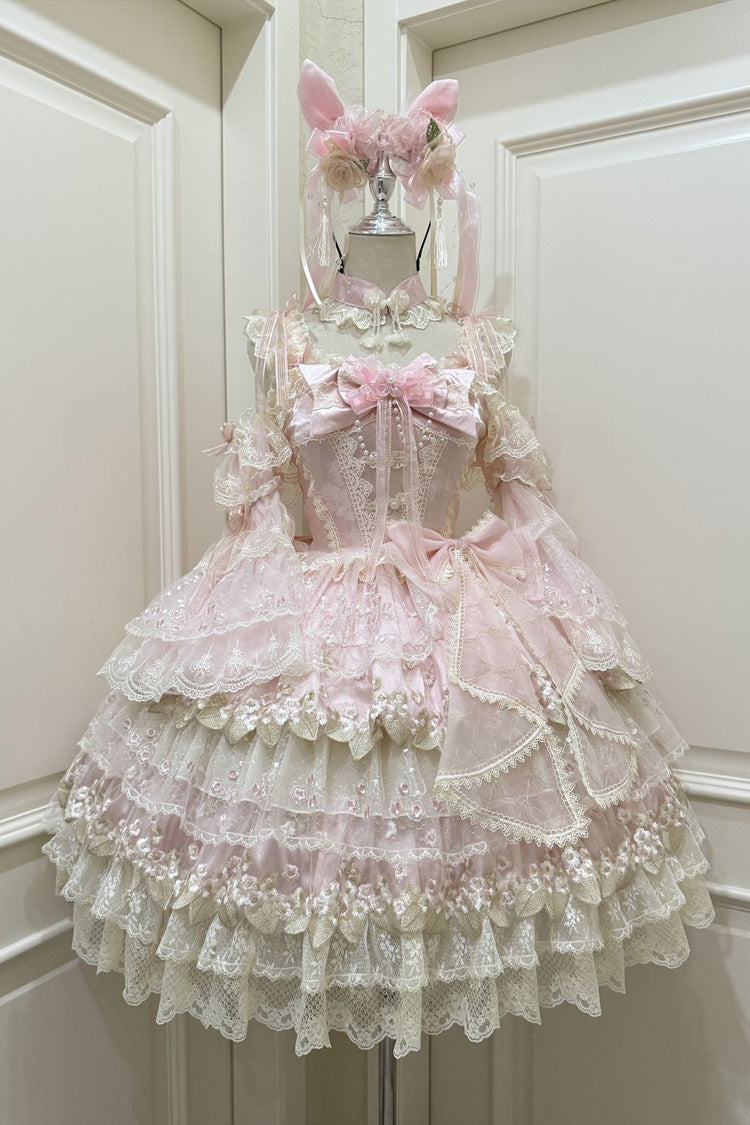 Pink [Falling Flowers in the Rain] Sleeveless Ruffle Embroidery Bowknot Sweet Chinese Style Lolita Jsk Dress