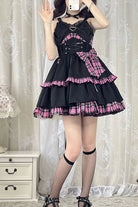 Black/Pink Plaid Print Color Contrast Leather Buckle Bowknot Ruffle Gothic Lolita JSK Dress