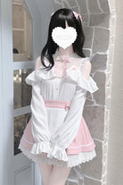 White/Pink Off Shoulder Long Sleeves Ruffle Bowknot Lace Sweet Jirai Kei Skirt