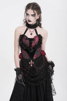 Red Halterneck Sleeveless Embroidery Stitching Rose Heart Lace Women's Gothic Blouse