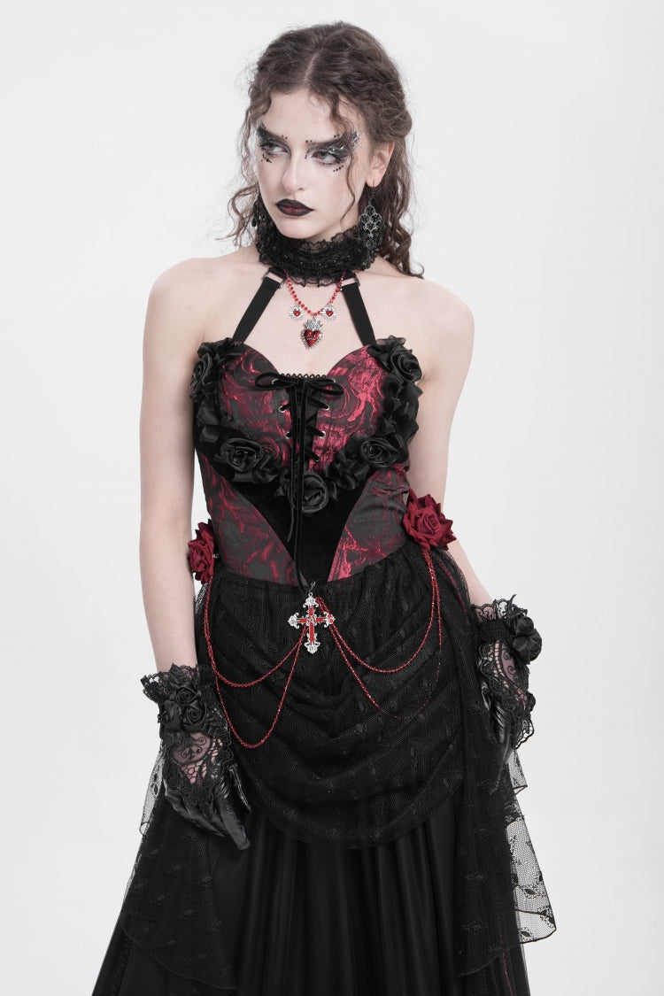 Red Halterneck Sleeveless Embroidery Stitching Rose Heart Lace Women's Gothic Blouse