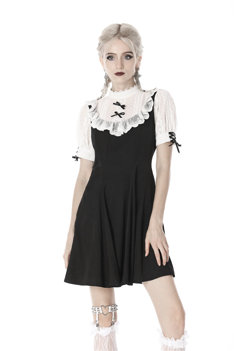 Black/White Stand Collar Short Sleeves Ruffled Women's Sweet Gothic Lolita Doll Midi Dress