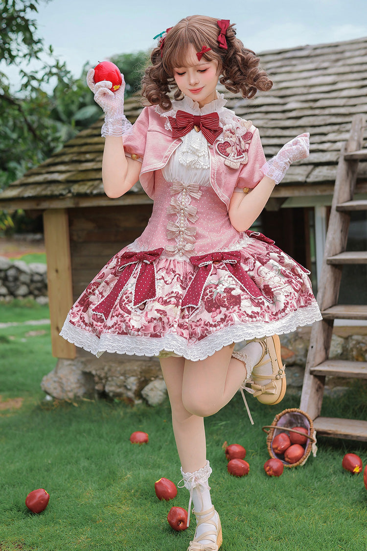 Pink/Red [Strawberry Doll Fantasy] Stand Collar Short Sleeves Jacquard Printed Bow Sweet Lolita Dress Set