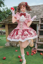 Pink/Red [Strawberry Doll Fantasy] Stand Collar Short Sleeves Jacquard Printed Bow Sweet Lolita Dress Set