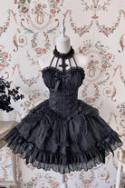 Dark Black Tube Top Sleeveless Blowknot Ruffled Gothic Lolita Tiered Dress