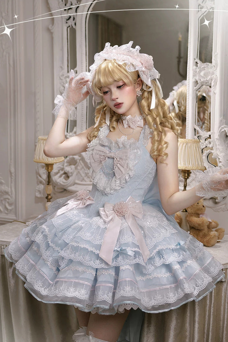 Blue [Crystal Isle] Square Collar Sleeveless Multi-Layered Jacquard Ruffled Bow Sweet Balletcore Lolita Tiered Dress