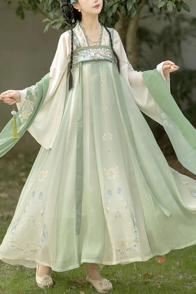 Green Trumpet Sleeves High Waisted Print Embroidery Sweet Chinese Style Hanfu Dress Full Set