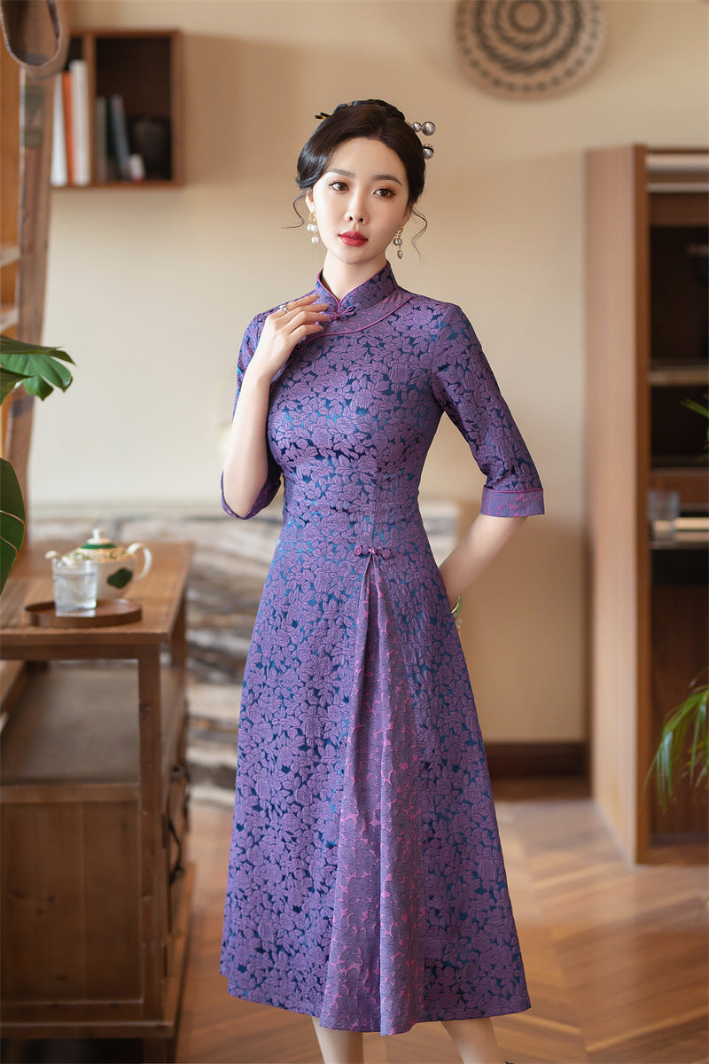 Purple Jacquard Floral A-Line Qipao Cheongsam Dress