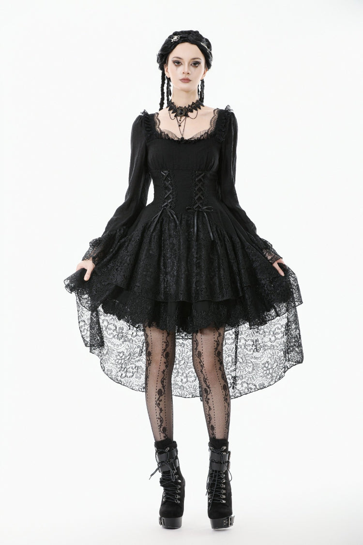 Black Square Collar Long Trumpet Sleeves Lace Lace-Up Multi-Layered High-Low Women's Gothic Dress