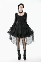 Black Square Collar Long Trumpet Sleeves Lace Lace-Up Multi-Layered High-Low Women's Gothic Dress