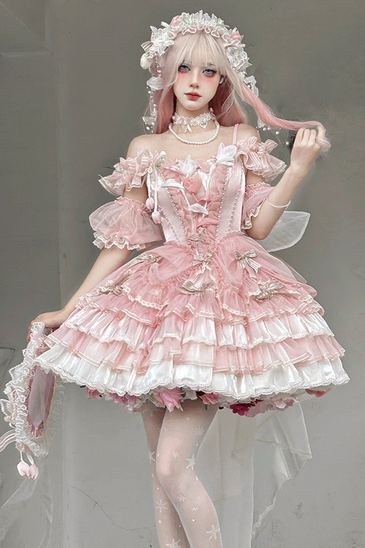 Pink [Tulip and Wind Chime] Multi-Layered Ruffle Bowknot Lace Sweet Gorgeous Lolita Jsk Dress
