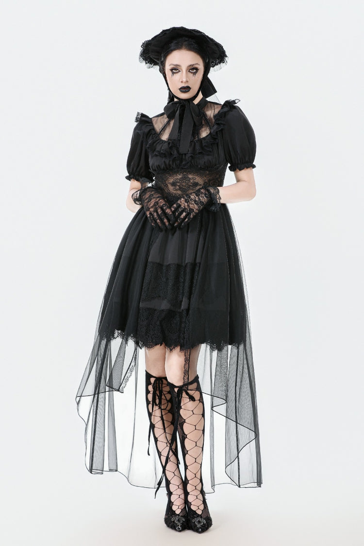 Black Short Puff Sleeves High/low Multi-Layered Women's Gothic Chiffon Dress Wedding Dress