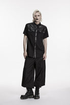 Black Lapel Collar Short Sleeves Spliced Men's Punk Shirt